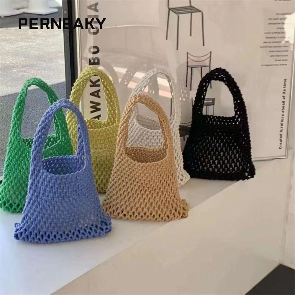 PERNEAKY กระเป๋าถือถัก, กระเป๋าสะพายไหล่เดียวทอกลวงออกแฮนด์เมด, เชือกฝ้ายบุคลิกภาพความจุขนาดใหญ่กระเป๋าแม่สีสันสดใสโรงเรียน