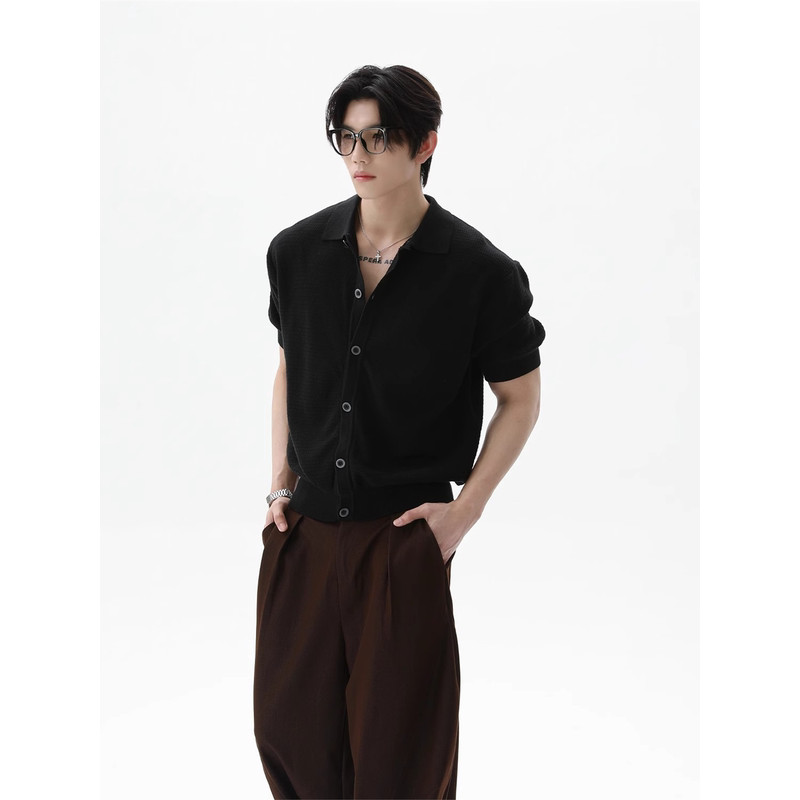 Old Money Style เสื้อคาร์ดิแกนถักแขนสั้นผู้ชายบาง High-End เสื้ออเมริกัน cleanfit Jacket