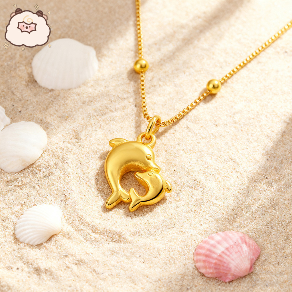 สีเหลืองทองคู่ปลาโลมาจี้เสน่ห์สร้อยคอผู้หญิงกล่องโซ่คอเค้นคอแฟชั่นเครื่องประดับอุปกรณ์เสริม