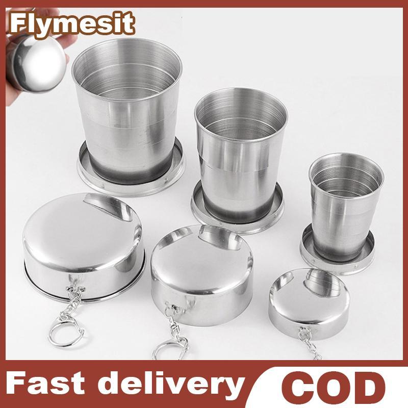Flymesit ถ้วยพับสแตนเลสพร้อมพวงกุญแจแบบพกพาแบบยืดหดได้ถ้วย Telescopic EN
