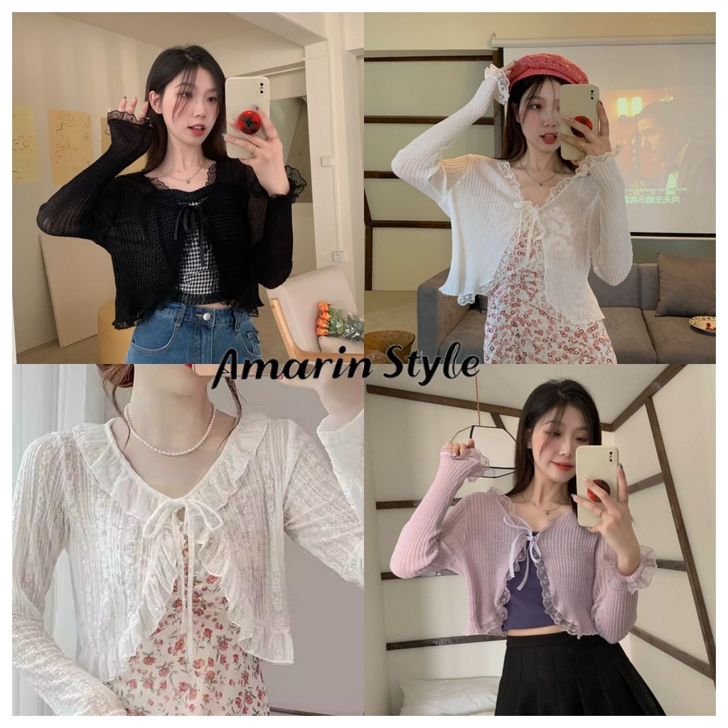 Amarin🌸พร้อมส่ง🌸 เสื้อผ้าผู้หญิงสไตล์เกาหลี เสื้อคลุมไหมพรม เสื้อซีทรู  ลูกไม้ สไตล์เกาหลี ใส่สบาย 9515