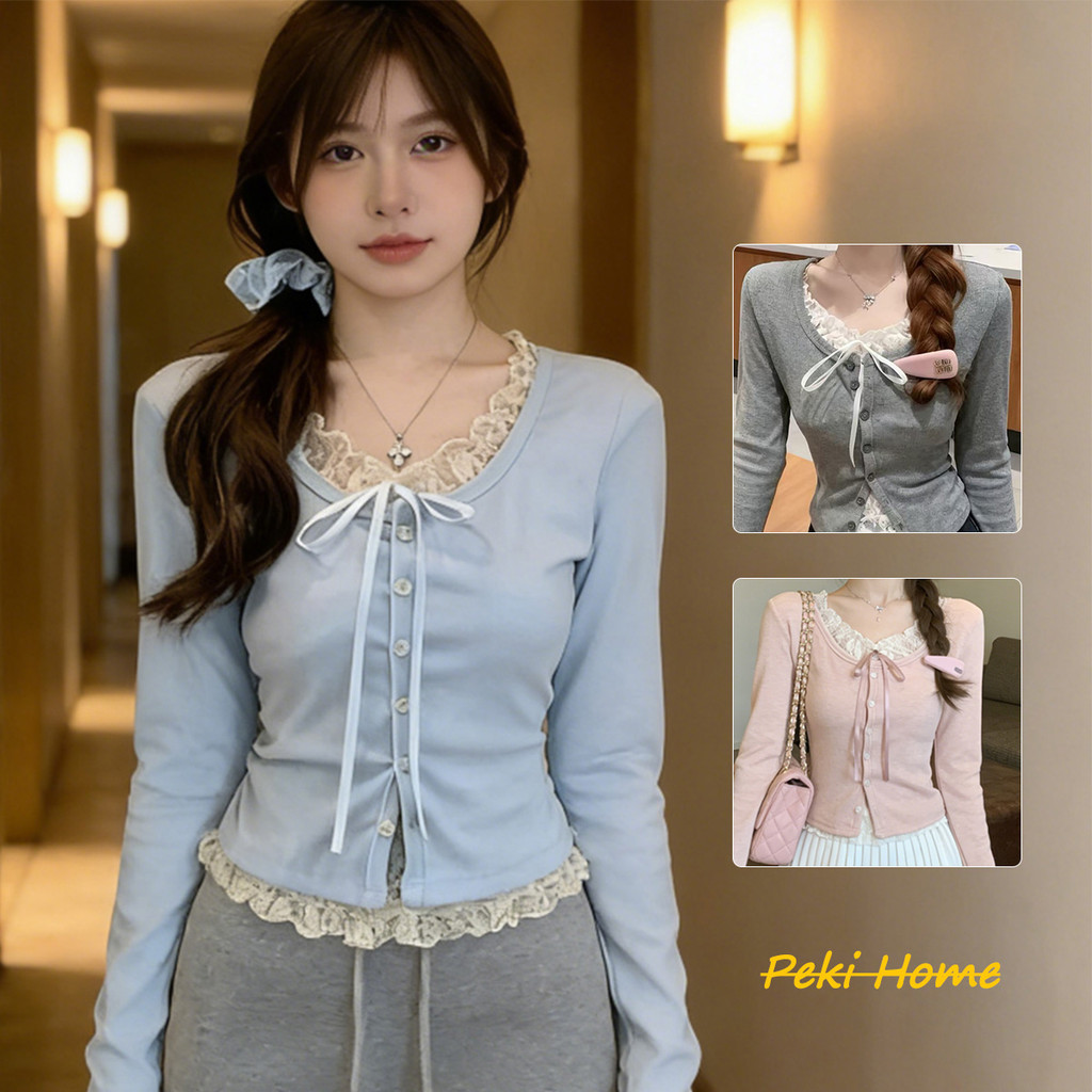 เสื้อยืดแขนยาวทรงฟิต ปักลายลูกไม้ สำหรับสาวหวาน