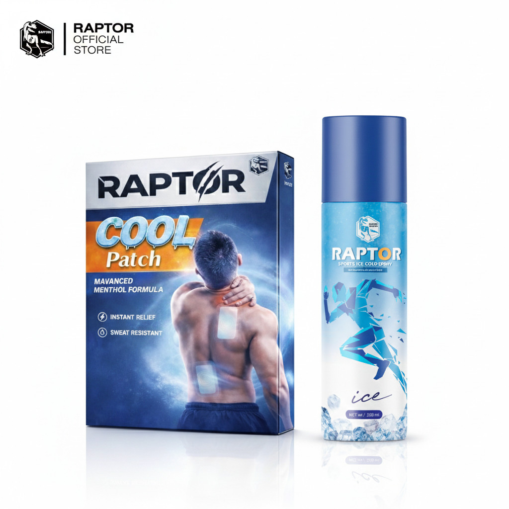 Raptor Duo แผ่นแปะสูตรเย็น สเปรย์เย็น สำหรับนักกีฬา