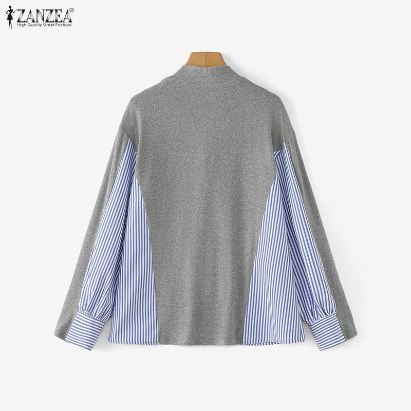 ZANZEA ผู้หญิงเกาหลีฤดูใบไม้ร่วงฤดูหนาว Niche Design V คอยาวแขนยาวลาย Patchwork เสื้อสเวตเตอร์ถักหลวม — صورة 8