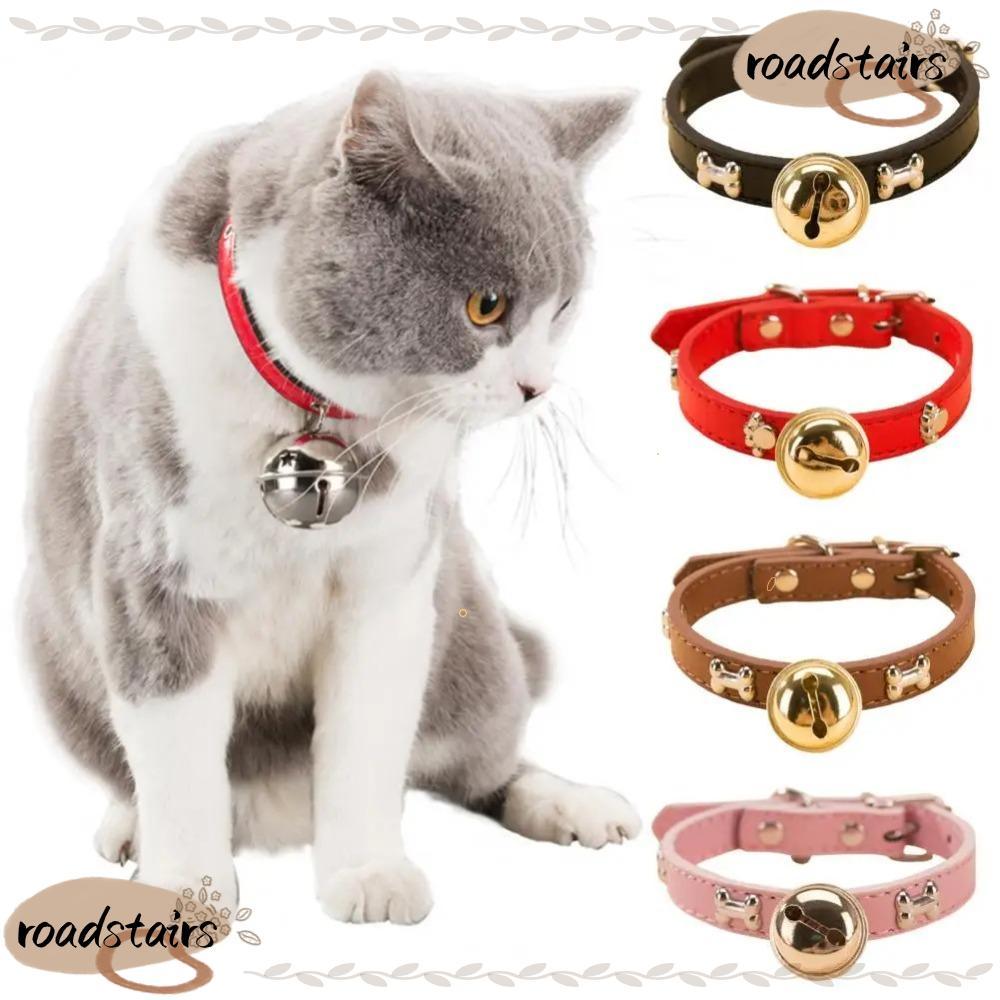 ROADSTAIRS Cat Dog Collar, Bell Soft Leather Dog Walking Collar, Cute Pet Print Bones Adjustable Pet