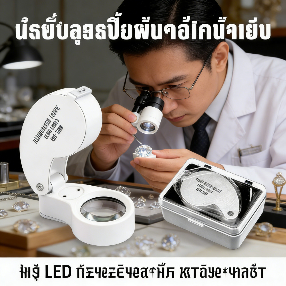 กล้องส่องพระ แว่นขยาย 40X 25mm เลนส์คุณภาพสูง มีไฟ LED หมุน 360° วัสดุทนทาน เหมาะส่องเพชร เหรียญ อิเล็กทรอนิกส์