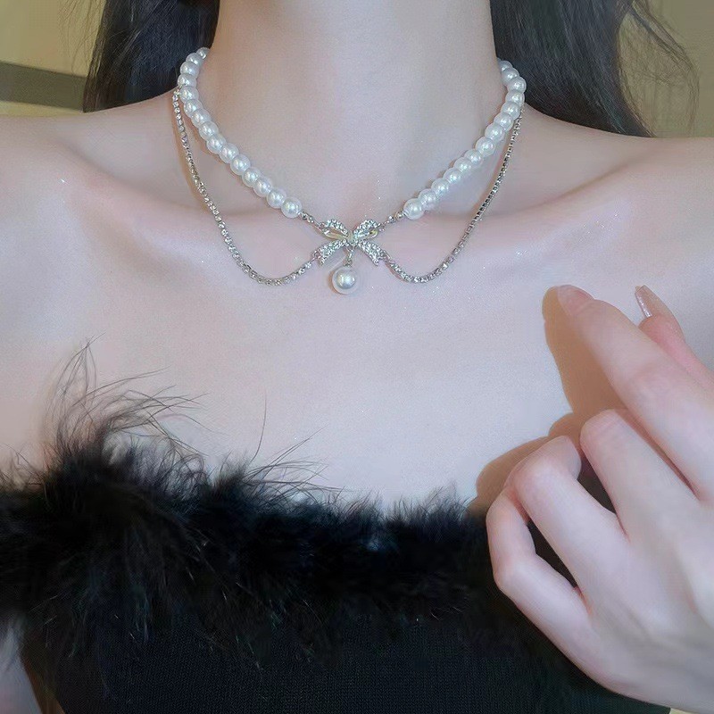 สร้อยคอมุกลight pearl สไตล์เรโทร แบบโบว์กระดูก มีสายคล้องคอสไตล์ฝรั่งเศส สินค้ายอดนิยม