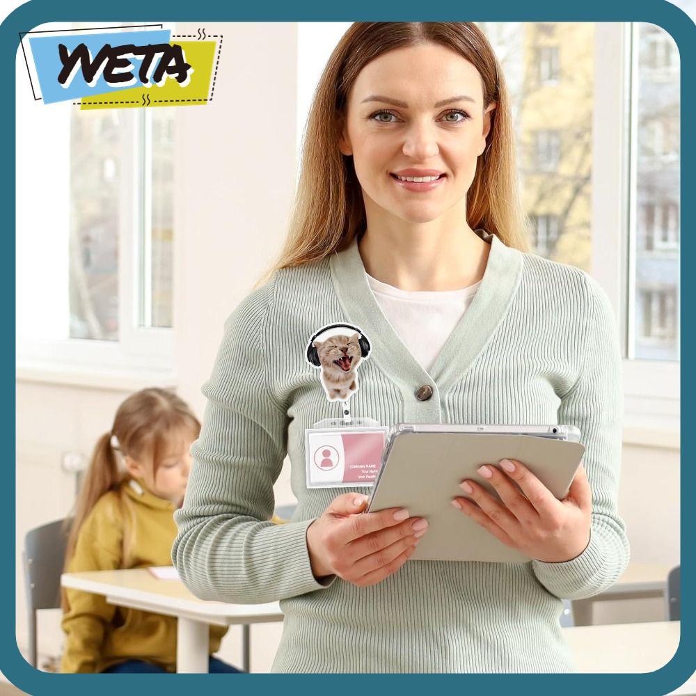 YVETA พวงกุญแจแมว, Cat Memes Series Retractable Memes Badge Reels, ของขวัญอะคริลิค Lanyard ชื่อแท็กผ