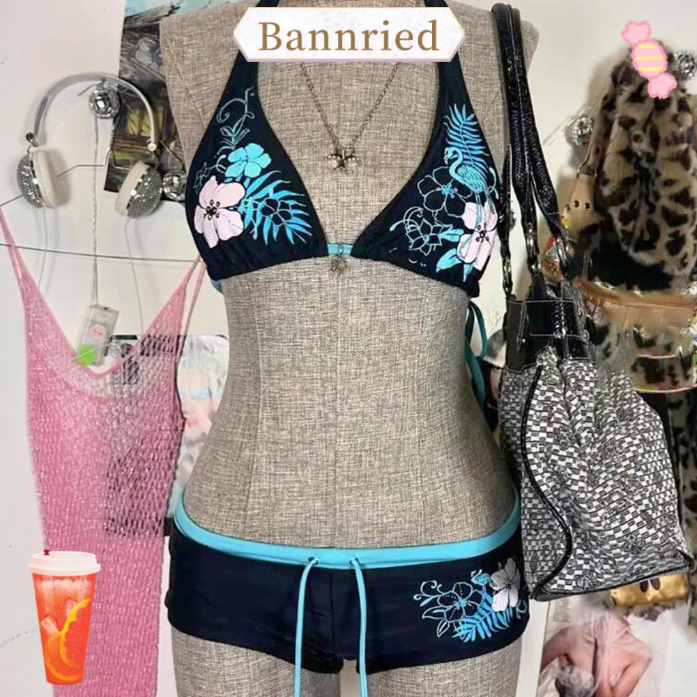 BANNRIEDSG ชุดบิกินี่,ชุดว่ายน้ําสายคล้องคอแบบปรับได้วินเทจ,แฟชั่นเอวต่ําดอกไม้พิมพ์ชุดว่ายน้ําผู้หญิง
