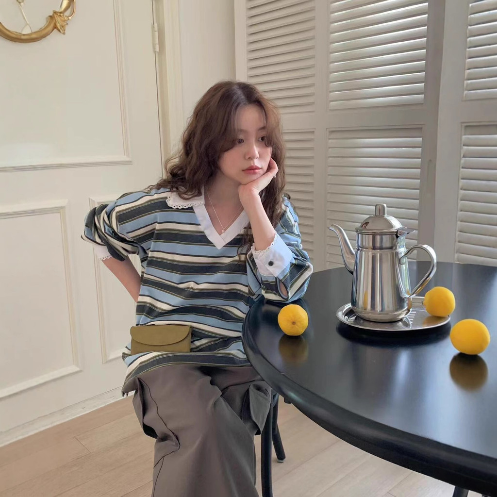 [SR-STUDIO] คอวีลูกไม้แขนยาวเสื้อยืดผู้หญิง