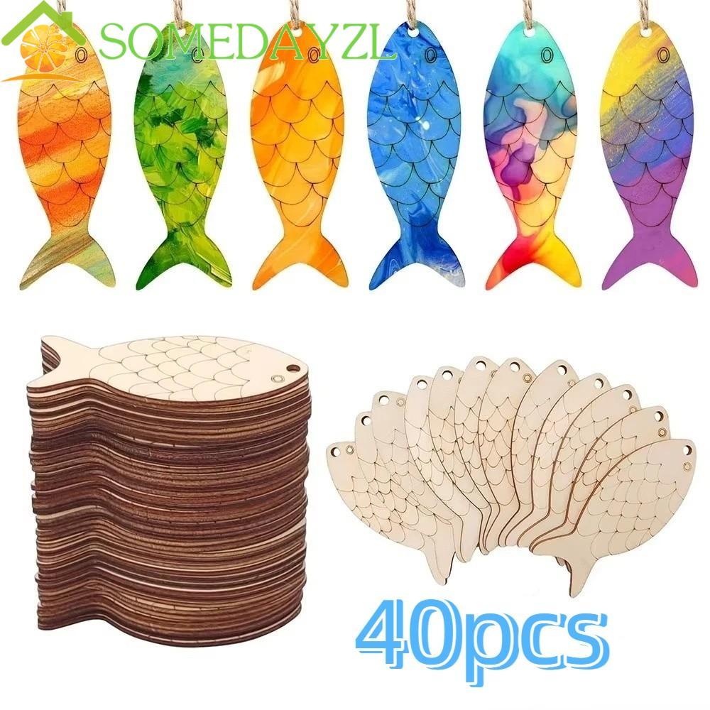 SOMEDAYZL 40PCS ไม้ Fish Cutouts, ยังไม่เสร็จ DIY หัตถกรรมทาสีเครื่องประดับปลา, แม่แบบปลาแกะสลักมือสัตว์ทะเลที่ว่างเปล่ารูปร่างไม้ Slice Garden Patio