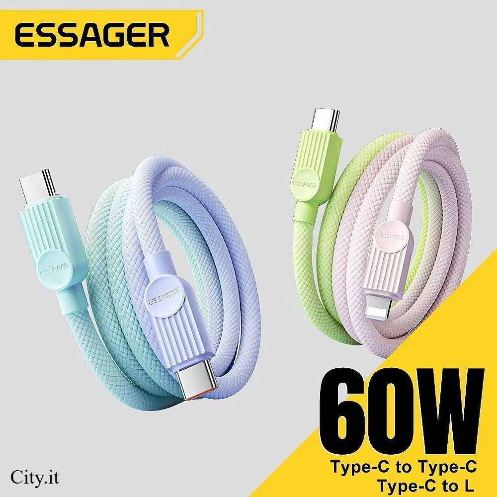 ESSAGER สายชาร์จเร็ว Type C To USB C to USB C to L 29W/60W/100W สำหรับโทรศัพท์ USB2.0 480Mbps A13