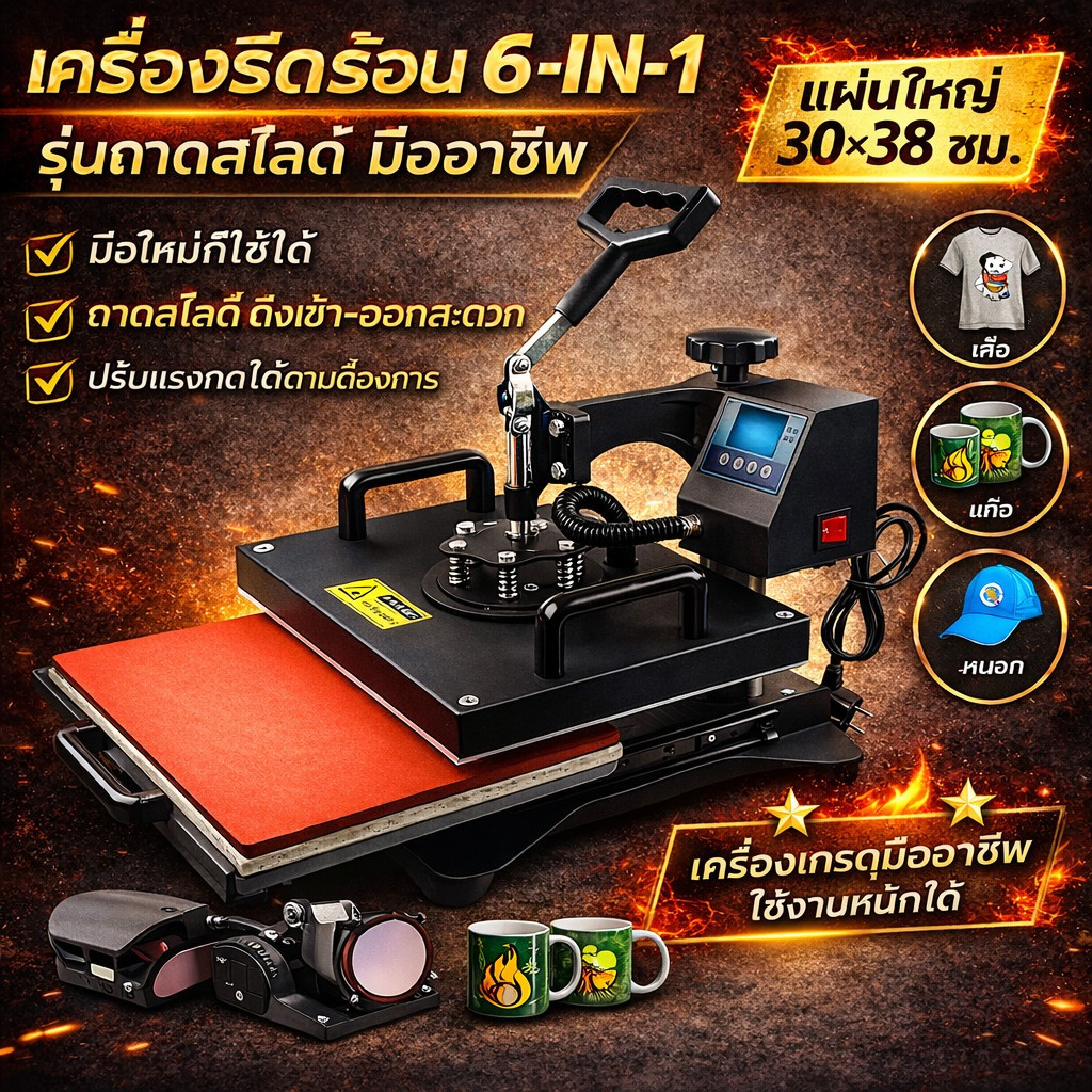 เครื่องสกรีนเสื้อ 6-IN-1 ถาดสไลด์ 30x38 ซม. เครื่องรีดร้อน สำหรับเสื้อ หมวก แก้ว งาน DIY เครื่องกดความร้อน heat press