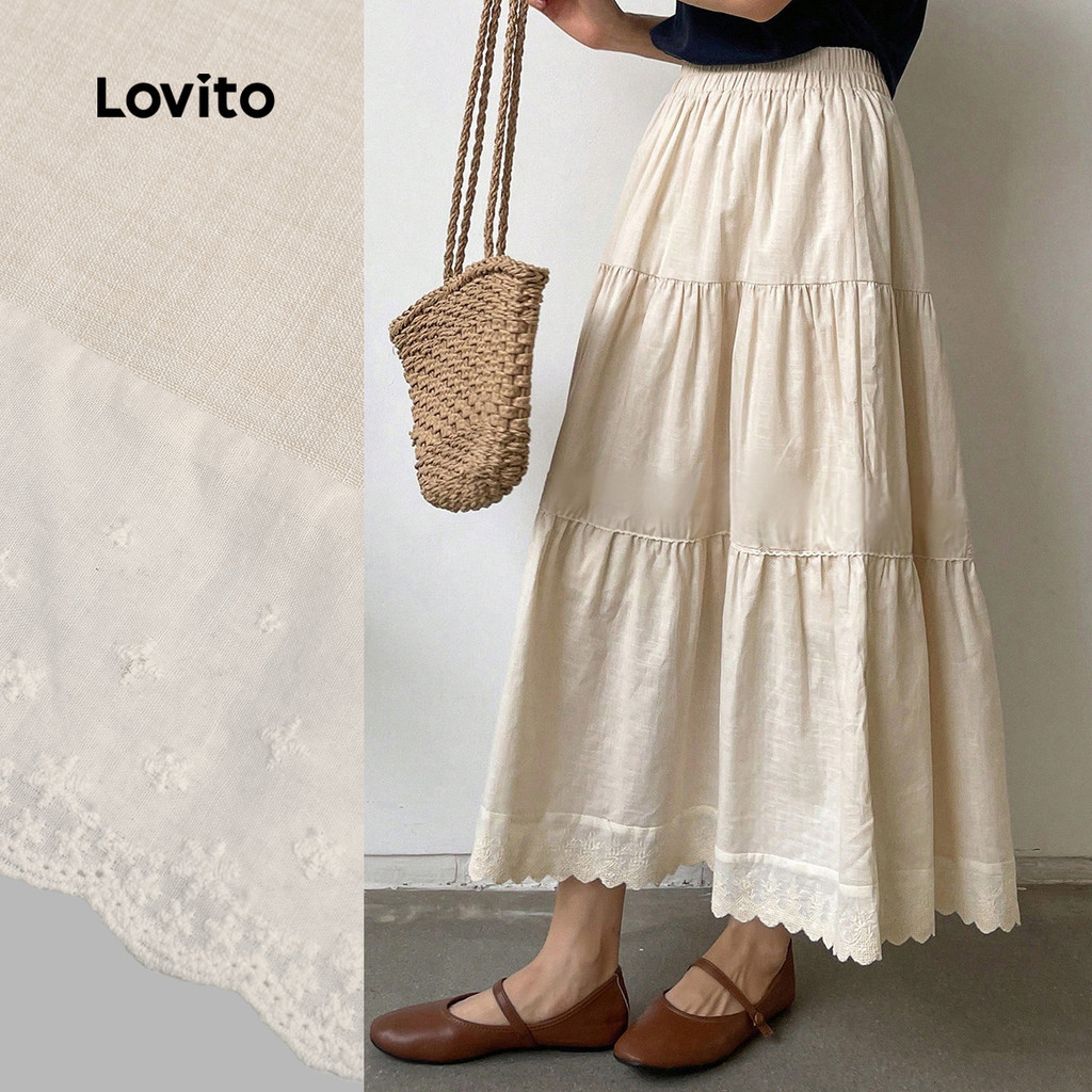 Lovito  กระโปรงลําลองชั้นลูกไม้ฤดูใบไม้ผลิ/ฤดูร้อน สีแอปริคอต สําหรับผู้หญิง LBL32087