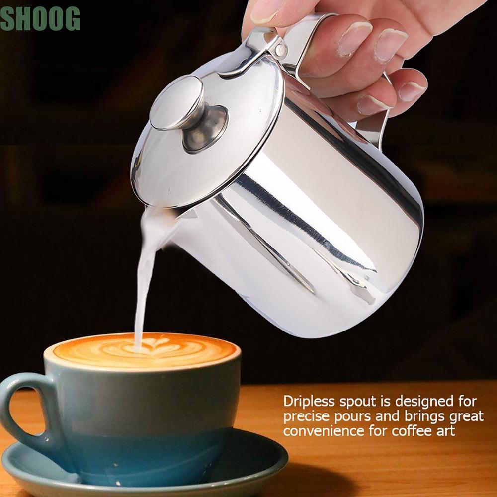 SHOG Coffee Frothing Pitcher, พร้อมฝาปิดออกแบบนม Frothing Pitcher, Latte Coffee Art Silver สแตนเลส L