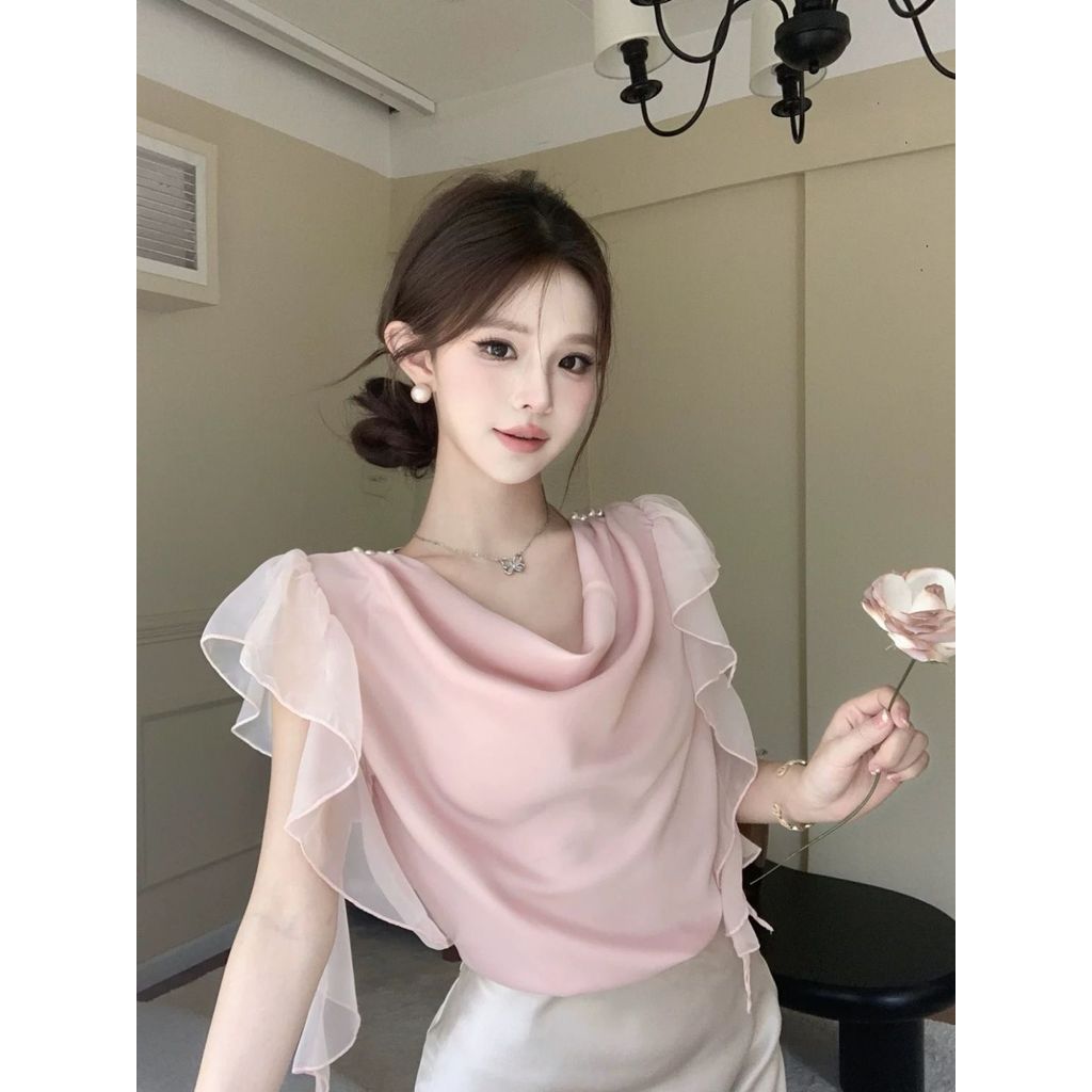 [โปรโมชั่นผลิตภัณฑ์ใหม่] Pure Desire Windy Collar Satin Ruffled Ribbon Shirt Irregular All-Match Uni