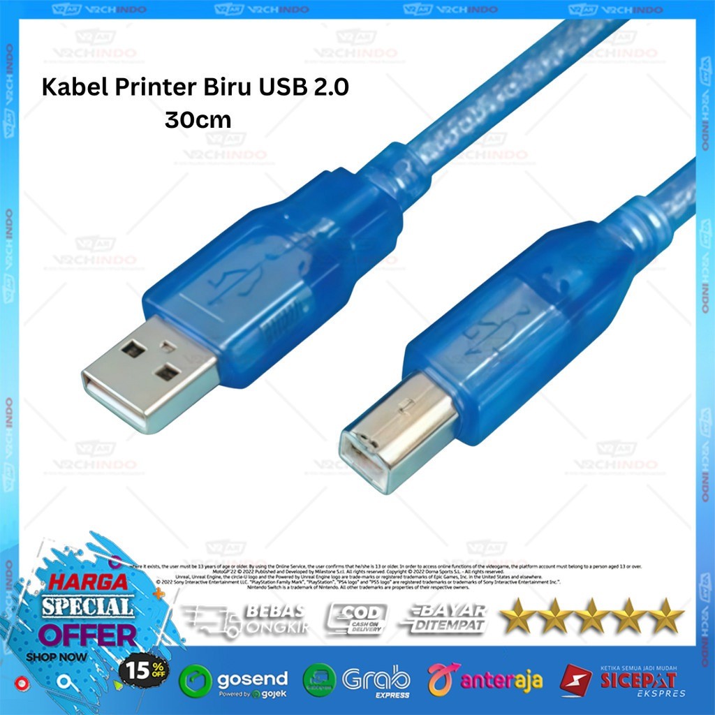 สายเครื่องพิมพ์ Blue USB A to B ความยาว 30CM / 0.3M / 0.3 เมตร - USB 2.0 A to B คุณภาพสูง !!