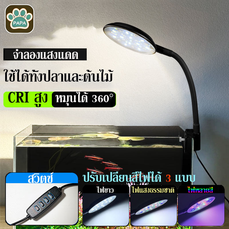 ไฟตู้ปลาเล็ก ไฟสปอร์ตไลท์ แบบหนีบ ปรับมุมได้ 360° คลิปแน่น  USB สามสีปรับได้ เพิ่มความสว่าง ไฟเพิ่มสีปลา