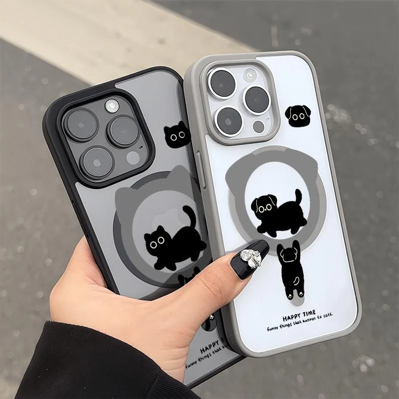 เคสโทรศัพท์ลายแมวและสุนัขน่ารัก สำหรับ iPhone13Pro/11/12ProMax/14/15/16Plus ดีไซน์แม่เหล็กคุณภาพสูง ช่วยปกป้องเลนส์กล้อง