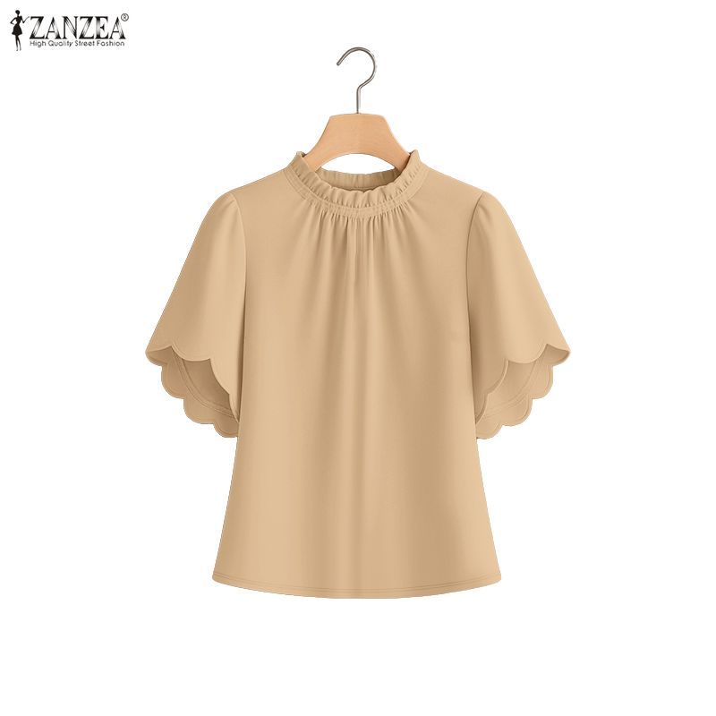 ZANZEA ผู้หญิงเกาหลีอ่อนโยนหูไม้ตัดลูกเรือคอคลื่นขอบเสื้อแขนสั้น