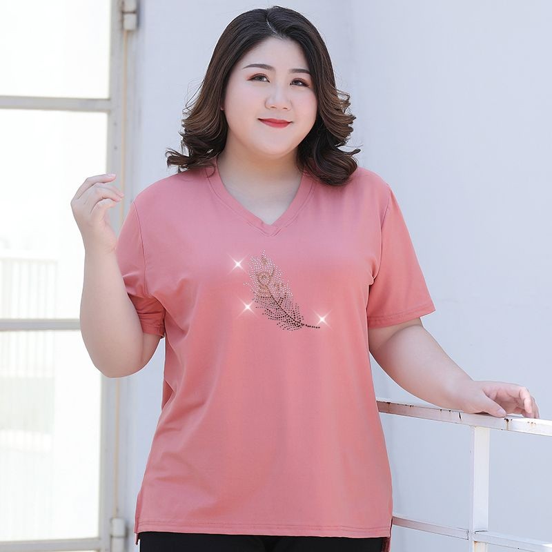 Hot lax และเสื้อโค้ทบางสีบริสุทธิ์บล็อกหน้าท้อง v คอ230 ขนาดใหญ่เสื้อยืดแขนสั้นผู้หญิง V-weck สั้นสั