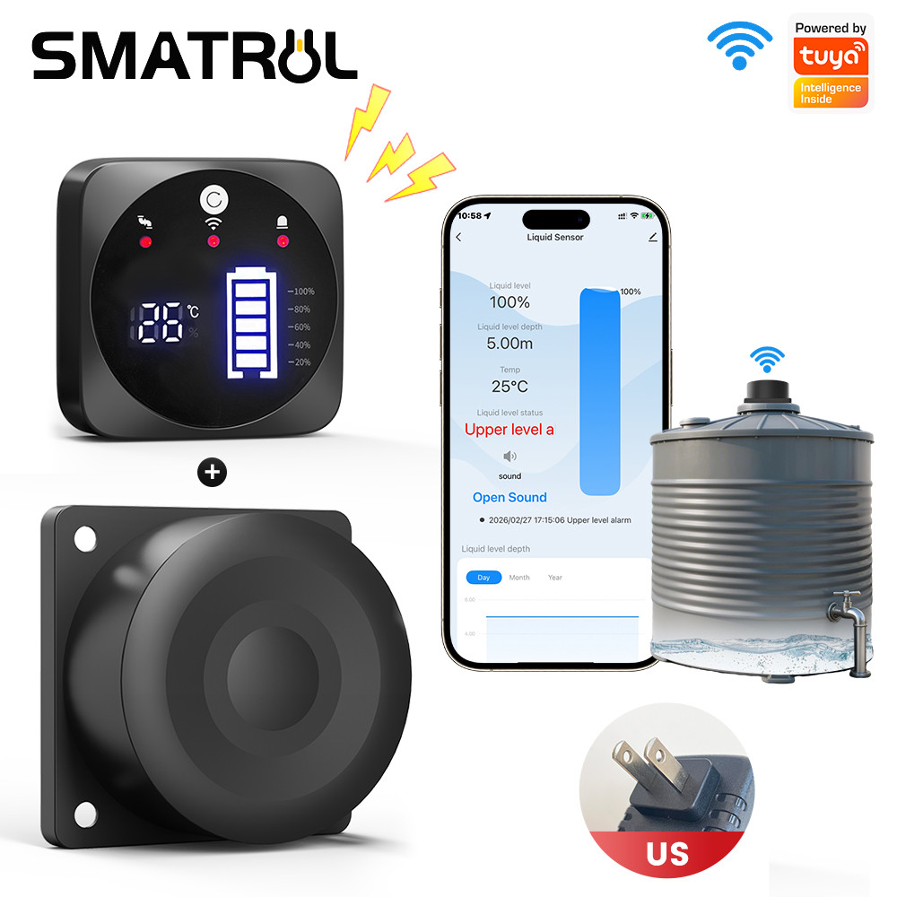 SMATRUL TUYA WiFi + RF433 เซ็นเซอร์ระดับอัลตราโซนิกพร้อมจอแสดงผล LCD ตัวบ่งชี้อุณหภูมิจอแสดงผลเวลาสําหรับถังเก็บน้ําระดับ Monitor