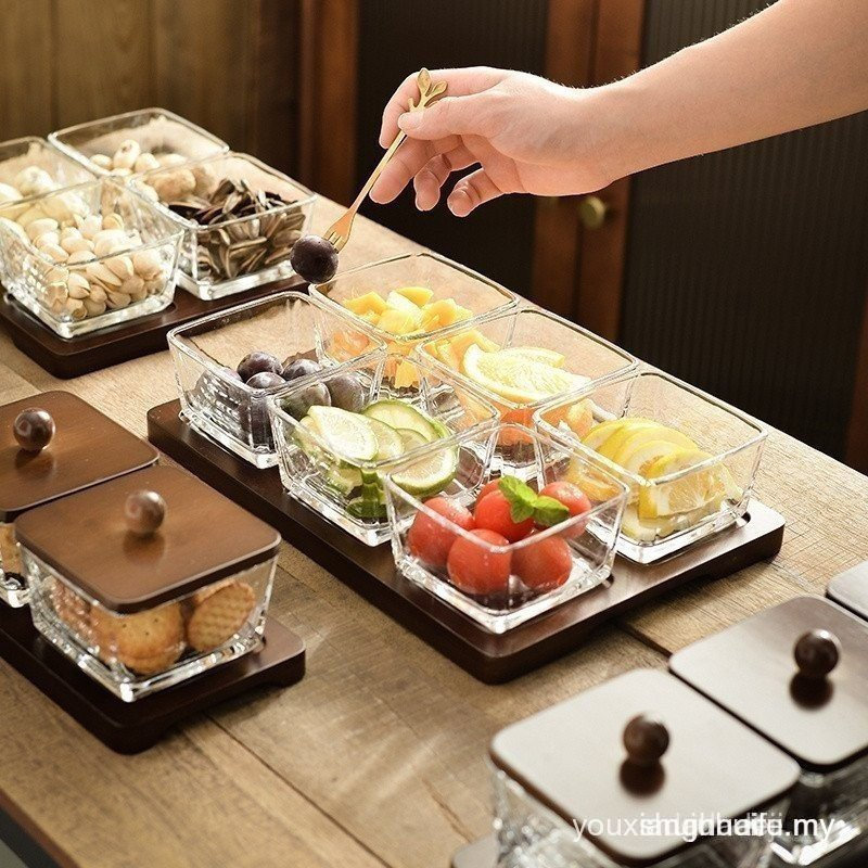 จานผลไม้แก้วพร้อมฝาปิดไม้ไผ่ขนมแยกแผ่นเสียงแบ่งชามผลไม้แห้งภาชนะใส่ขนมจานซอส 4MWP RSRQ M85R QE7E J7X
