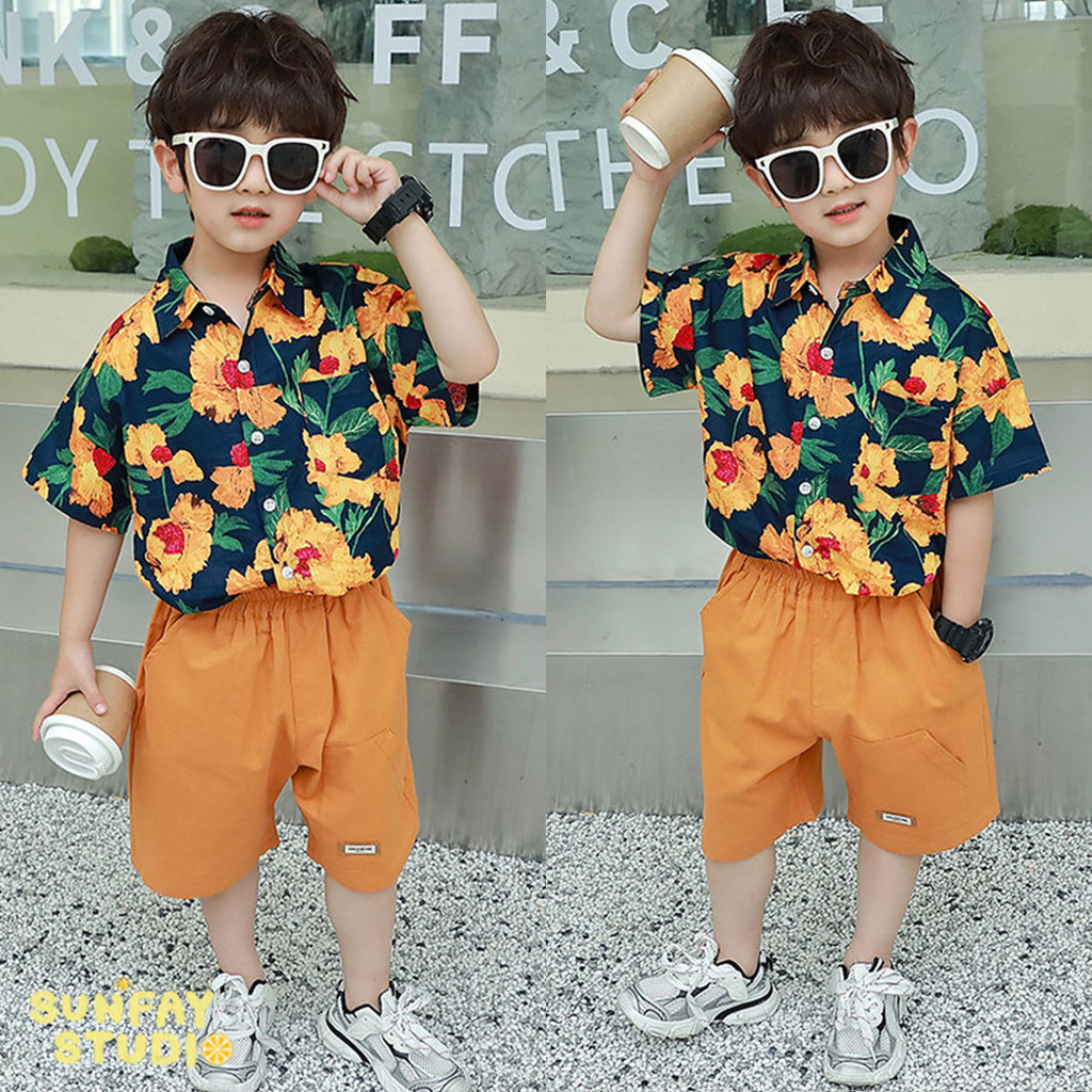 ชุดเด็กผู้ชายแฟชั่น เสื้อเชิ้ตลายดอก + กางกางขาสั้น ลุคเท่ สไตล์ฮ่องกงวินเทจ
