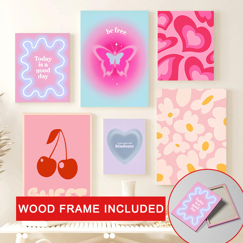 (พร้อมกรอบ) Abstract สีชมพูสีม่วงเดนมาร์ก Pastel Love Heart Cherry Butterfly โปสเตอร์ Nordic ห้องนอนความงาม Art พิมพ์ภาพตกแต่งห้อง