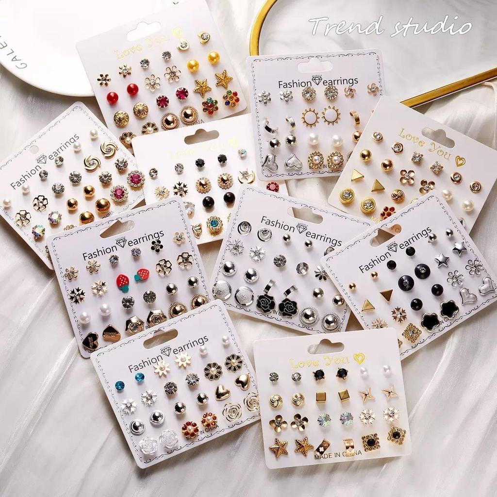 คอลเลกชันต่างหูแฟชั่น ต่างหู 12 คู่ รูปทรงต่างๆ กัน ครอบคลุมหลากหลายสไตล์ ต่างหูเซ็ตการ์ด ราคาไม่แพง ต่างหูราคาไม่แพง