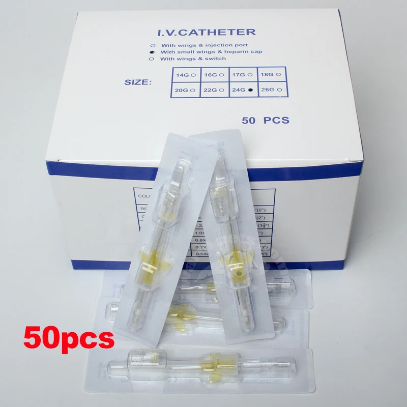 50 ชิ้นปราศจากเชื้อ IV Cannula พร้อมหมวก Heparin ทิ้งผีเสื้อ IV Cannula Intravenous ฉีด Catheter สัต