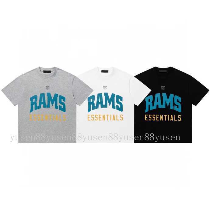 Fear of God Essentials x Rams เสื้อยืดผู้ชายผู้หญิงสไตล์เดียวกัน High Street Retro เสื้อยืดแขนสั้นหล