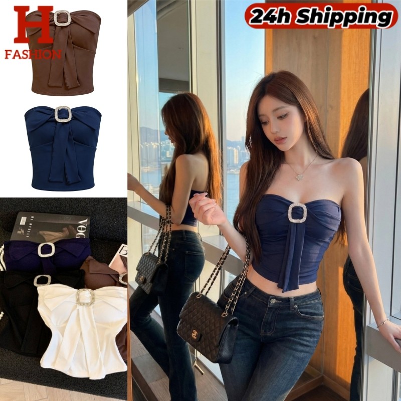 HOT 'พร้อมส่ง' เสื้อเกาะอก แต่งอะไหล่เพชร สีพื้น มีฟองน้ำ ดีเทลเรียบหรู FY10174