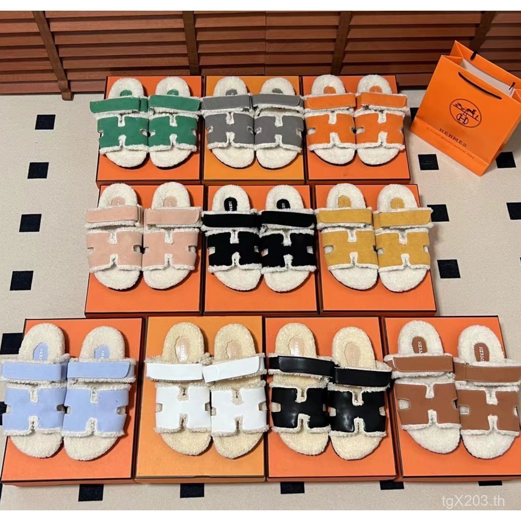Hermes Hermes H Velcro Furry รองเท้าแตะตุ๊กตาหมี Furry รองเท้าแตะหญิง Hermes IH Velcro รองเท้าแตะตุ๊