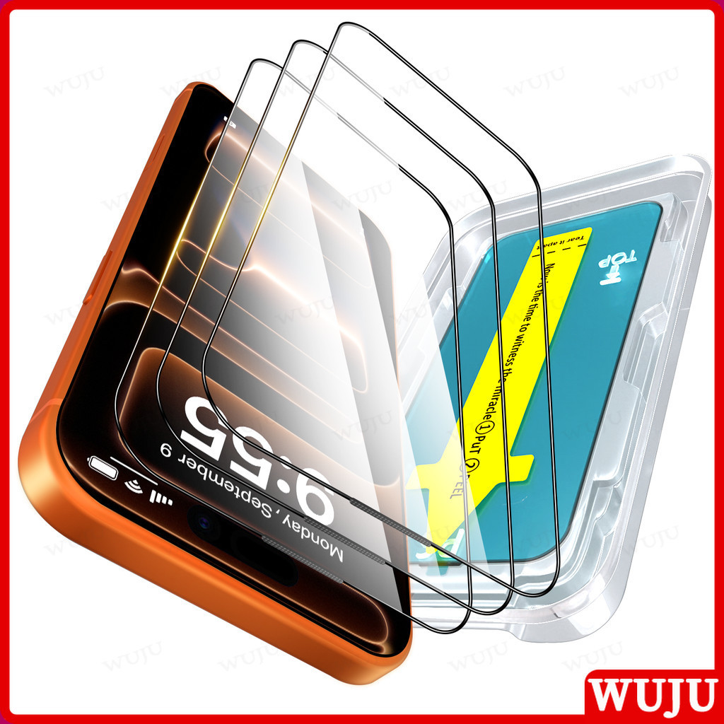 WUJU 3 แพ็คสําหรับ iPhone 17 16 15 14 13 12 11 Pro Max X XR XS MAX ป้องกันหน้าจอ, ป่นเกรดทหาร, ความแข็ง 9H กระจกนิรภัยเต็มรูปแบบพร้อมถาด Ultra Fit