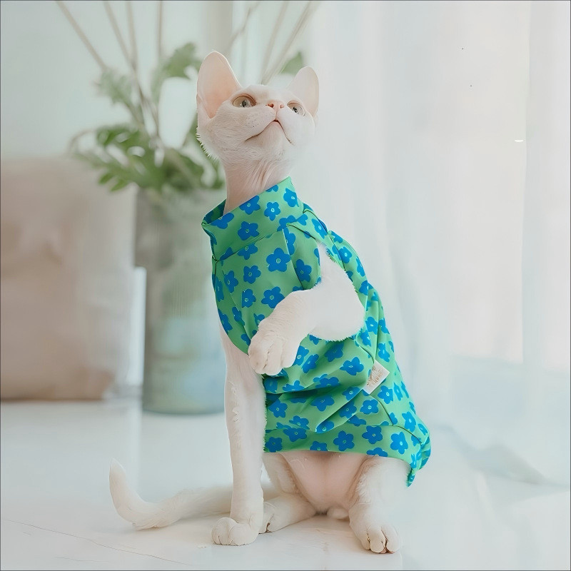 Sphynx Devonian Hairless Cat สัตว์เลี้ยงลูกแมวดอกไม้ฤดูร้อนสบาย Patchwork ไหล่แขนสั้น Air-สภาพเสื้อผ้า Anti-Cat Scratch