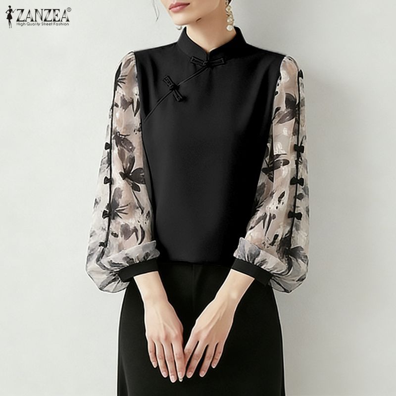 ZANZEA ผู้หญิงเกาหลีปกแขนยาวดอกไม้ Patchwork Bowtie เสื้อ — صورة 6
