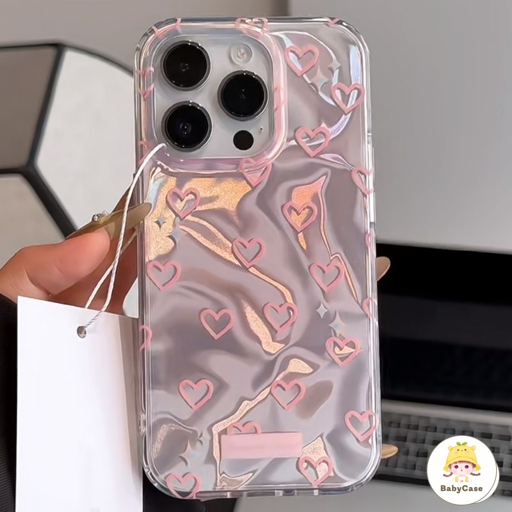หัวใจรักสีชมพู กระดูกปลาดาวมันเงา การ์ตูนไข่มุก เคส IPhone 7Plus 11 16 13 15 14 12 Pro Max XR 7 15 8 6 6S Plus X XS Max