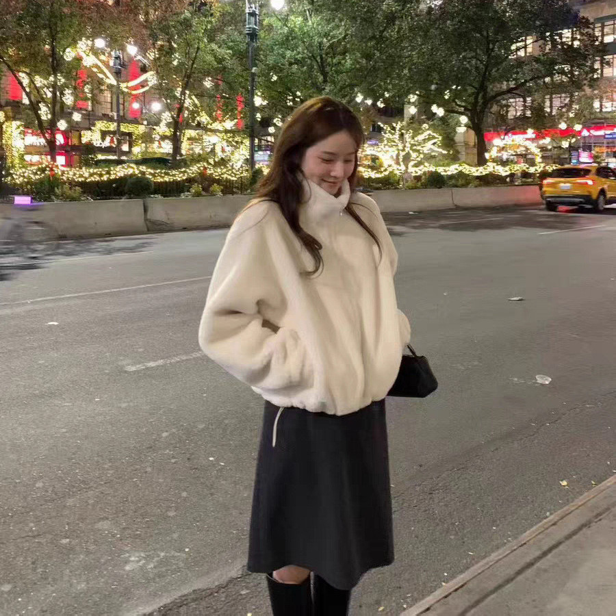 2025 Winter Korea Dongdaemun OU * CE Temperament Color Stand-Up Collar Zipper Fur One Piece Jacket