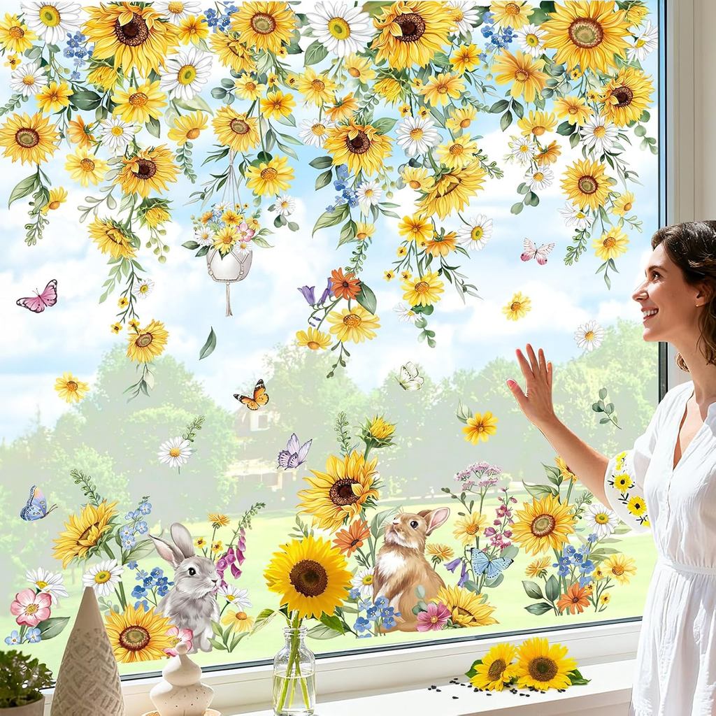 Wondever ดอกทานตะวันหน้าต่าง Clings ฤดูใบไม้ผลิฤดูร้อนแขวน Vine Daisy ดอกไม้ใบสติกเกอร์แก้ว Decal An