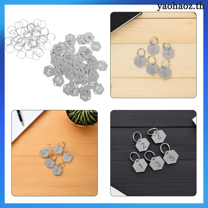50 ชิ้นเงินสแตนเลสจํานวนพวงกุญแจรูปร่างหกเหลี่ยมโลหะ Id ป้ายสําหรับ Home หรือใช้สํานักงาน yaaohaoz