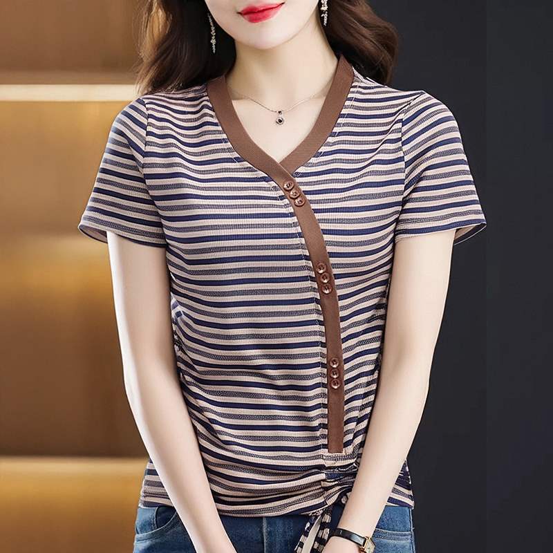 แขนสั้นผู้หญิงคอเกาหลีรู้สึกฝรั่งเศสเก๋เสื้อฤดูร้อนลาย v Top twm-5xl แขนสั้นออกแบบ t Drawstring Nich