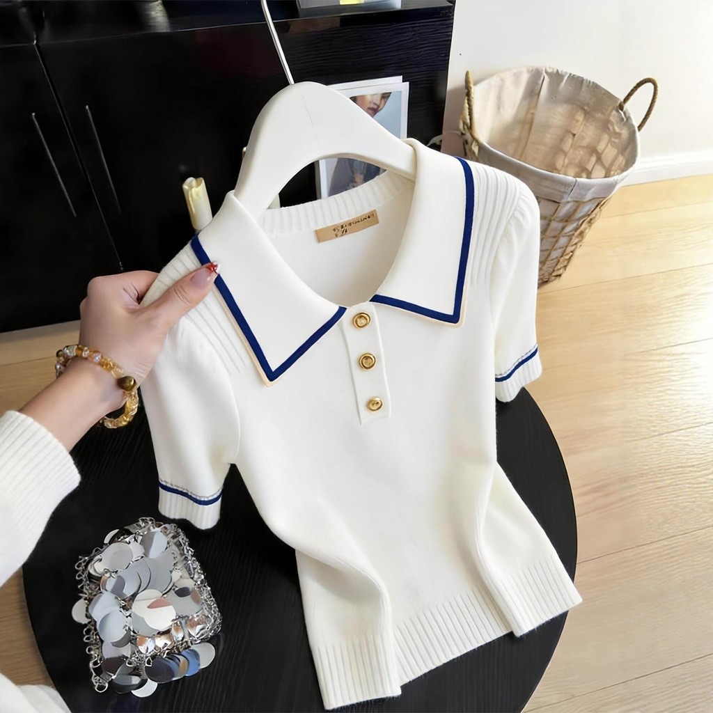 เสื้อโปโลสตรีสำหรับฤดูใบไม้ผลิและฤดูร้อน ออกแบบที่โดดเด่น แขนสั้น ลายพิมพ์สีขาว