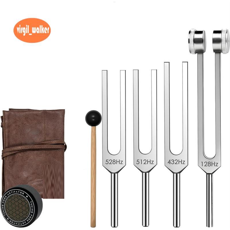 เครื่องมือความถี่พร้อม Activator, Mallet & Vegan Pouch-Tunning Fork Set (128Hz 432Hz 512Hz 528Hz) We