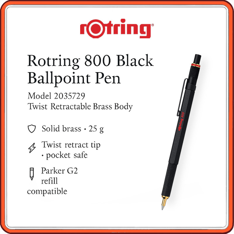 rOtring 800 Twist-Retractable Brass Ballpoint Pen | Refillable Parker G2 | Black Options
