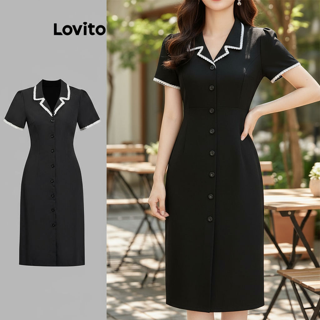 Lovito เดรสผู้หญิงหรูหรา ผูกโบว์ สีตัดกัน มีกระดุมเรียบหรู L104ED692 – โปรปัง