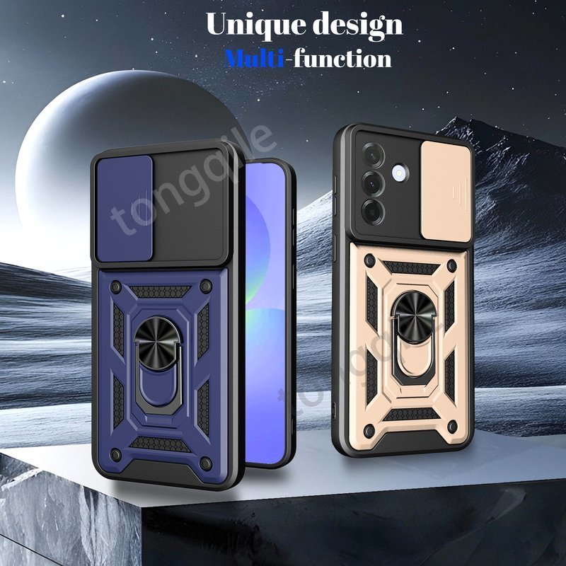 สําหรับ Samsung Galaxy A57 A37 A17 A07 5G 4G 2026 เคสโทรศัพท์ฝาหลังกันชนกันกระแทกแหวนรถขาตั้งวงเล็บสไลด์หน้าต่างกล้องป้องกันขอบนุ่ม Hard PC