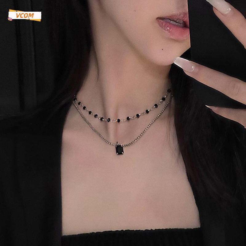 VCOM สร้อยคอโชคเกอร์ผู้หญิงสร้อยคอลูกปัดสองชั้นของขวัญสำหรับเพื่อนสร้อยคอเงินเรขาคณิตขายส่งเครื่องปร