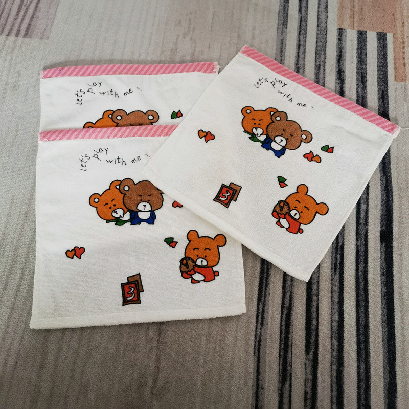 Spot Goods#Export-quality pure cotton cut-velvet printed Brown Bear small square towel, children's h