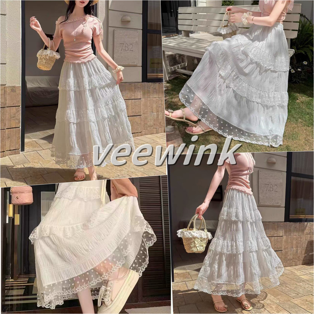 Veewink กระโปรงเค้กสีขาว ทรงเอจีบ ความยาวกลาง สีขาว เนื้อผ้าบางเบา กันแดด ใส่ได้ทุกไซส์ ใส่สบาย